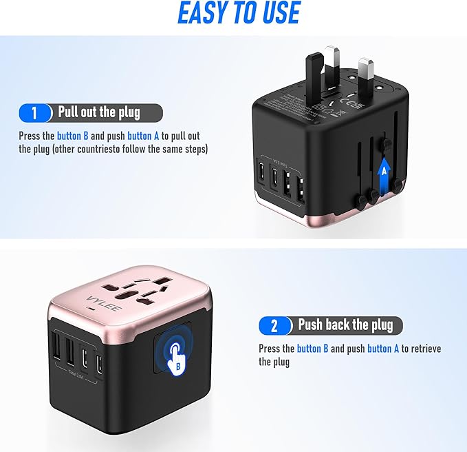 VYLEE Universal International Power Travel Plug Adapter, 5 in 1 European Travel Plug Adapter W/ 3.5A 2xUSB-A and 2xUSB C Wall Charger and Worldwide AC Outlet