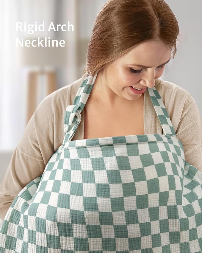 Blissful Diary Muslin Nursing Cover for Breastfeeding, Breathable Breastfeeding Cover up with Arch Neckline for Women, Nursing Apron (Sage Checkboard)