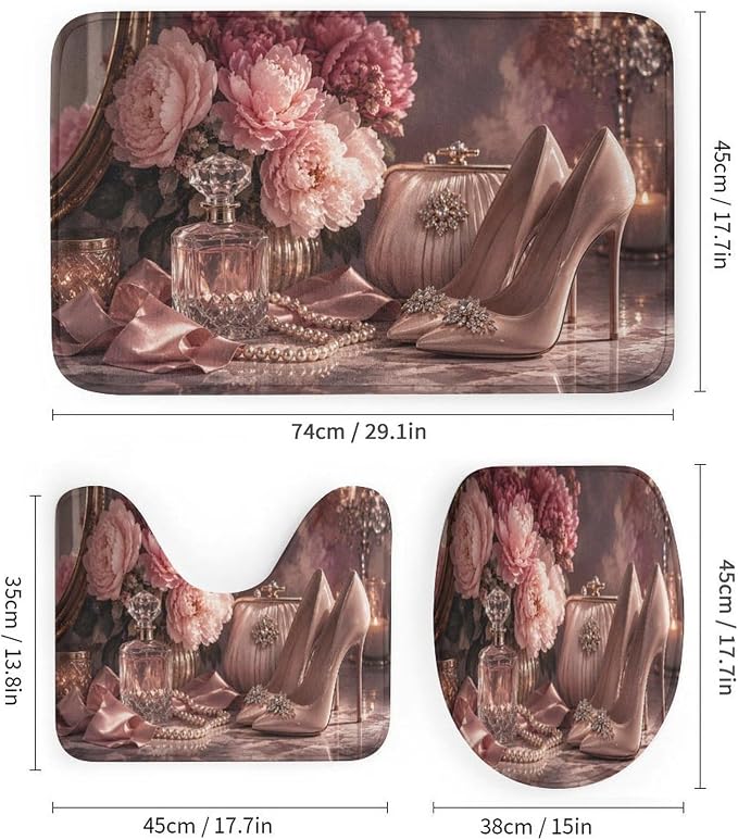 Pink Floral Heels and Accessories Bathroom Rug Set 4 Piece with Shower Curtain Non Slip Bath Mat Set Microfiber Bathroom Decor Toilet Lid Cover U Shape Rug Waterproof Bathroom Accessories