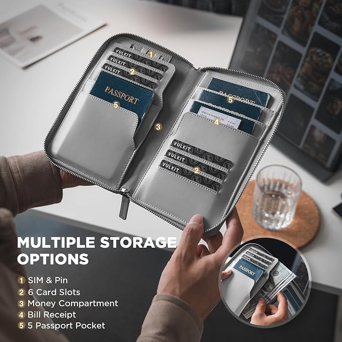 VULKIT Family Passport Holder for 4 Passports - RFID Blocking Travel Wallet Holds Up to 5, Organizer with 4 Slots for Cards & SIM, Secure Zipper Closure, Family Travel Essentials (Grey)