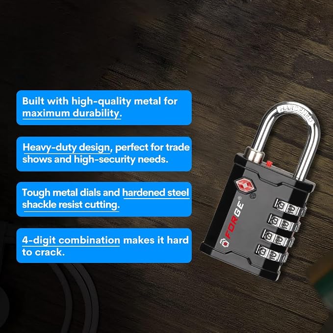 FORGE 4-Digit TSA Approved Travel Locks – TSA008 Key System, Key Duplication Impossible, Heavy-Duty Combination Padlock for Travel, Gym, Pelican Case. Black 3 Locks.