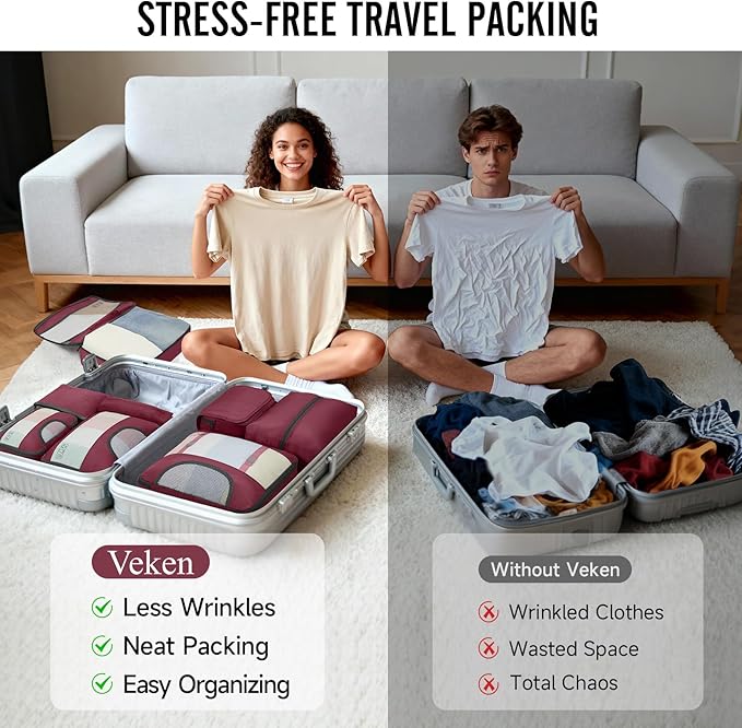 Veken 10 Set Packing Cubes for Travel Essentials, Suitcase Organizer Bags in 4 Sizes, Carry-On Luggage Accessories with Large Laundry Bag & Passport Holder, Must-Have for Airplane, Road Trip & Camping