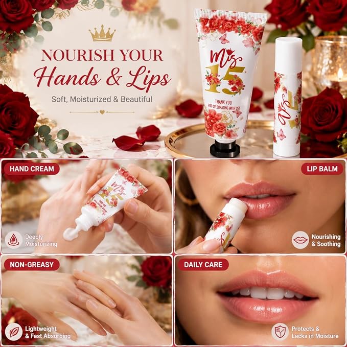 Leelosp 100 Pcs/50 Sets Red Quinceanera Party Favor Gifts for Guests 15th Thank You Gifts Girl Hand Cream and Lip Balm Sweet 15th Birthday Party Favors for Guests