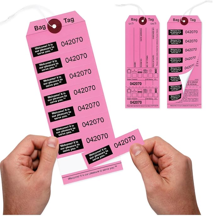 Pink Bag Claim Check Tags with Elastic string, Printed in Black ink with 8 labels & Matching Numbers For multiple bags. Hotel Bag Tags for Organizing Luggage. Size: 6 3/4" (H) x 2 1/2" (W). 1000 Tags.