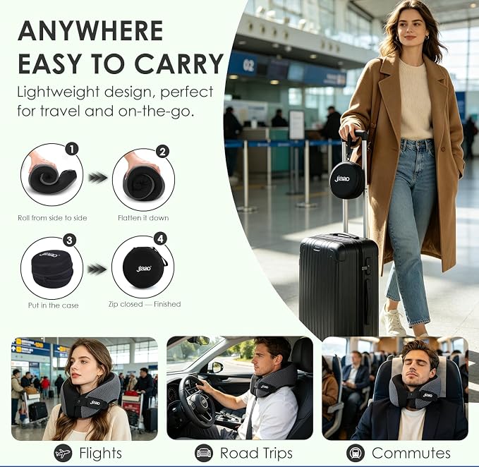 jiaao Neck Travel Pillow Memory Foam 360° Neck Support Pillows for Airplane | Ergonomic Neck Pillow for Long Flight, Airplanes, Cars & Trains, Kit with Eye Mask, Earplugs and Storage Box