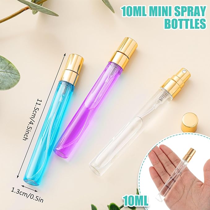 Zhehao 1 Pcs Mini Spray Bottles Clear Glass Perfume Bottles Refillable Fine Mist Perfume Atomizer Portable Empty Sample Containers for Cleaning, Essential Oils, Travel (Gold Cap,10 ml)