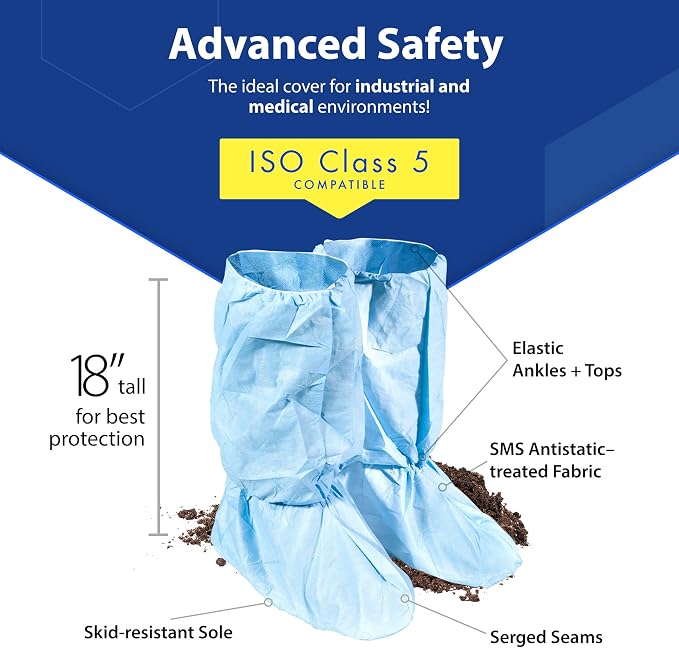 Quest Traction Disposable Boot & Shoe Covers 18" Tall – Non-Slip, Water-Resistant Protective Overshoes, Blue, Medium, 50 Pairs for Cleanroom, Medical & Industrial Use