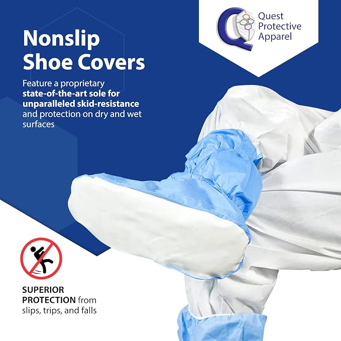Quest Traction Disposable Boot & Shoe Covers 18" Tall – Non-Slip, Water-Resistant Protective Overshoes, Blue, Small, 50 Pairs for Cleanroom, Medical & Industrial Use