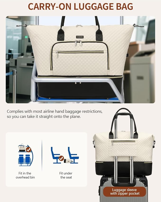Weekender Bags for Women Travel, Under Seat Carry On Bags for Airplanes Overnight Bag with Shoe Compartment Luggage Sleeve, Foldie Travel Tote Bag Hospital Bag, Travel Gifts, White Black