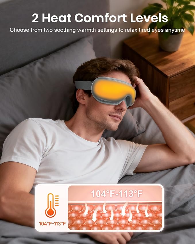 cotsoco Eye Massager with Heat, Remote, and Compression, Adjustable Foldable Sleep Mask for Relaxing Eyes and Better Sleep, Migraine Relief Device, Birthday Gifts for Women Men Her Him-Gray