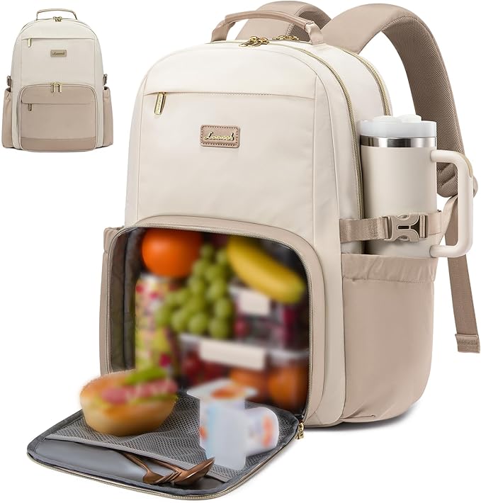 LOVEVOOK Lunch Backpack with Lunch Compartment,17 Inch Laptop Work Travel Insulated Cooler Backpack Purse,Waterproof College Teacher Lunch Bag Box with Tumbler Holder,Gifts for Men Women,Beige-Khaki