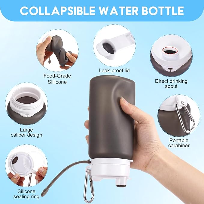 LemonRoad 2 Pcs 19 oz Silicone Collapsible Water Bottle Portable Foldable Water Bottle Leakproof with Carabiner Reusable Lightweight for Travel Sport Hiking Camping Cycling Office(Gray Blue)
