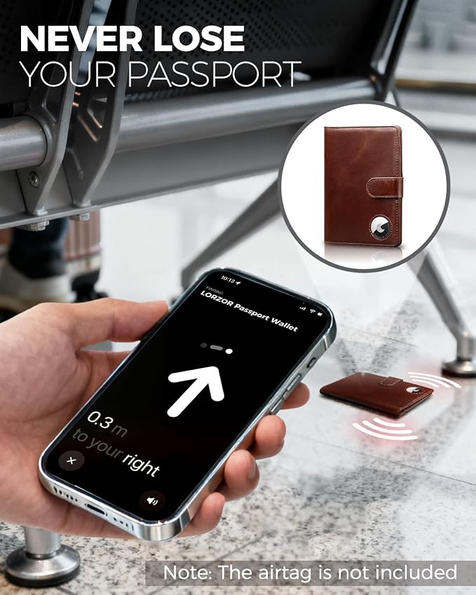 LORZOR Passport Holder for Travel: Full Grain Leather Passport Cover with Airtag Holder Magnetic Buckle for Men - RFID Blocking Bifold Wallet for Air Ticket Card Cash Coin (Brown)