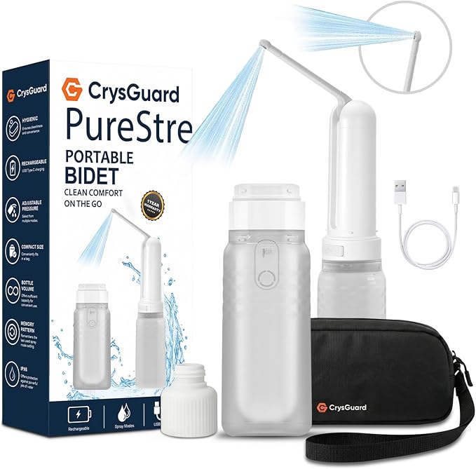 ( 320ml ) PureStream Portable Bidet – Large Capacity, USB-C Rechargeable Handheld Sprayer for Travel, Bottle Adapter, 180° Foldable Nozzle, Adjustable Pressure Modes, Waterproof, for Men and Women