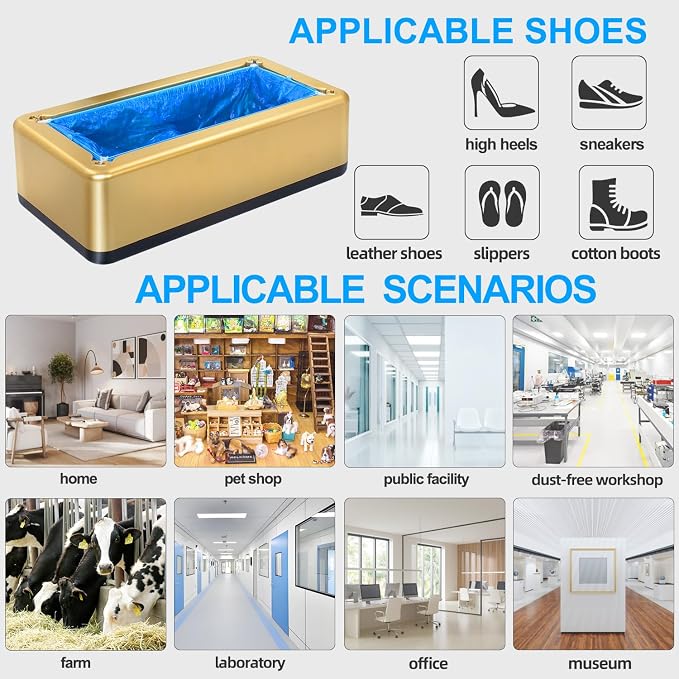 Shoe Covers Dispenser with 200pcs Disposable Shoe Covers Non Slip, Automatic Shoe Cover Machine,Fits Size Up to 11 US Men, for Home, Office, Factory, Supermarket, Gold