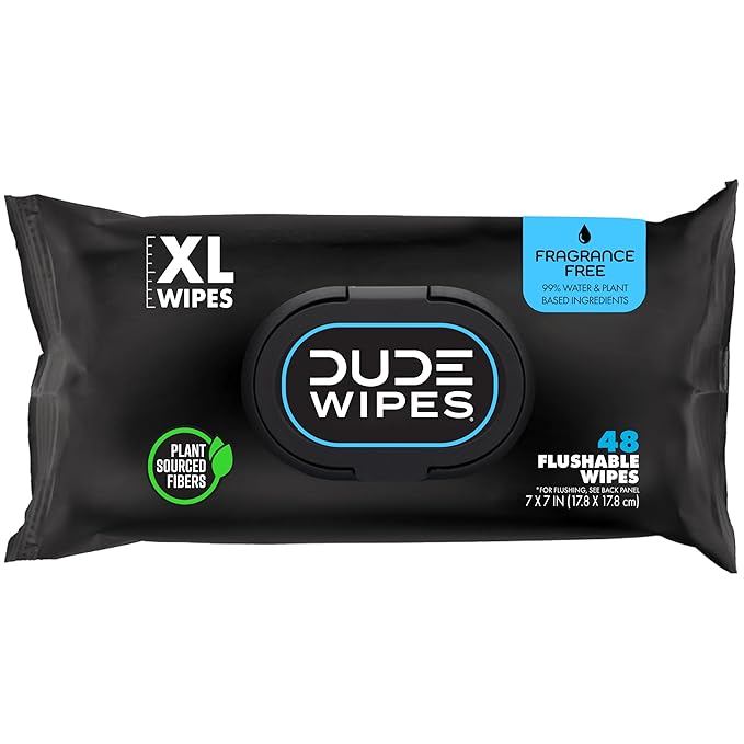 DUDE Wipes Unscented Flushable Wipes - Extra-Large Adult Wet Wipes for Sensitive Skin - 1 Pack (48 Count), Travel Pack - Infused with Vitamin E and Aloe - Septic and Sewer Safe