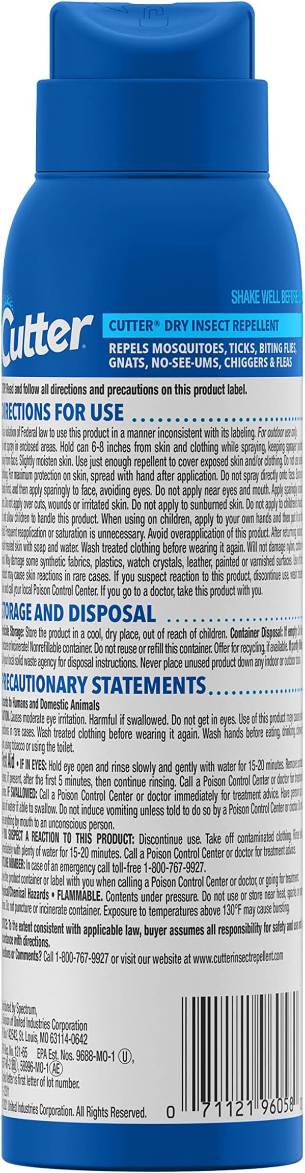 Cutter Dry Insect Repellent, Aerosol, 4-Ounce, 12-Count, Clear