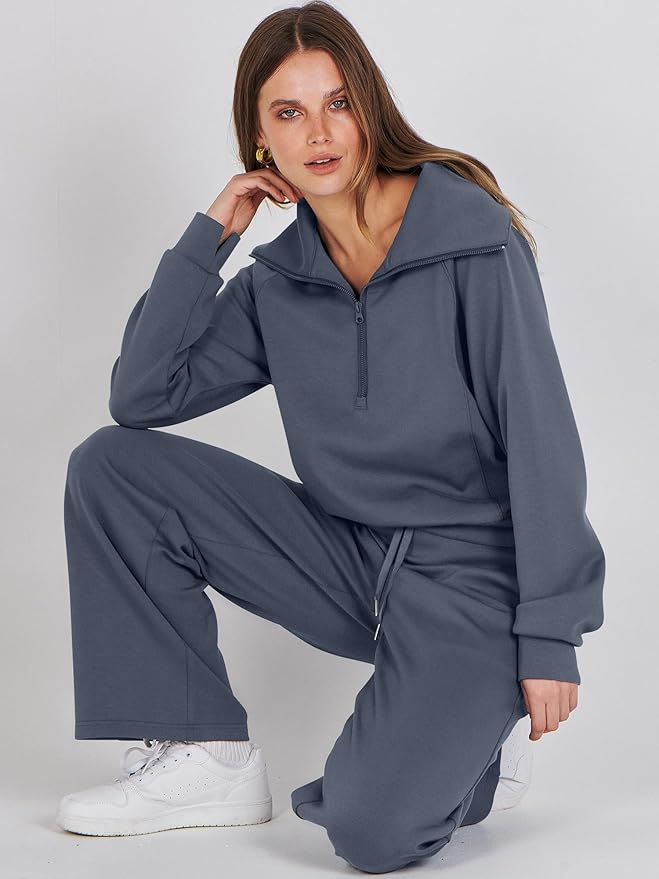ANRABESS Women’s 2 Piece Outfits Half Zip Sweatshirt & Wide Leg Pants Airport Travel Lounge Matching Sets Sweatsuits Clothing