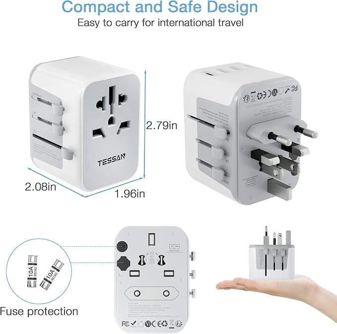 TESSAN Universal Travel Adapter, International Power Adapter with 4 USB Ports (1 USB C), Worldwide Plug Adaptor Wall Charger for USA to Europe UK France Germany Spain Ireland Australia(Type C/G/A/I)