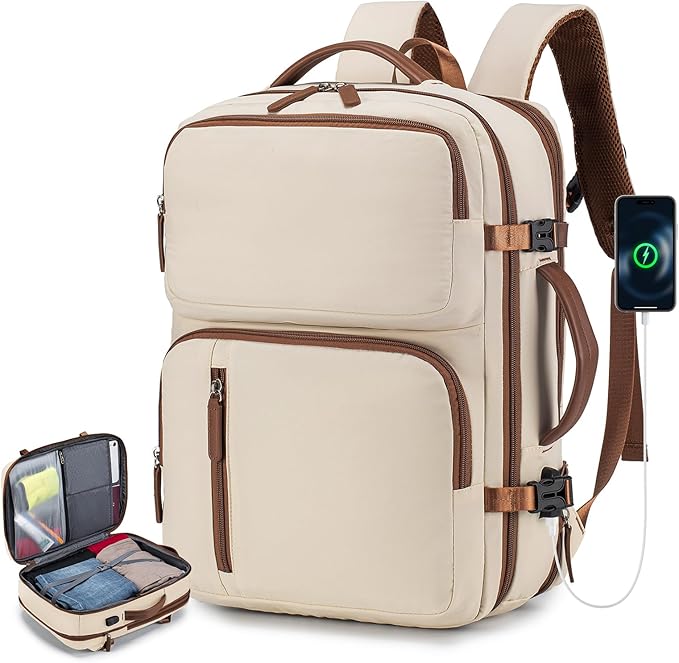 43x33x15cm Personal Item Bag Expandable 30L Travel Backpack 17x13x6 Inches Underseat Bag for Airlines Lightweight Carry on Luggage Water Resistant Flight Approved for College, Weekender Beige