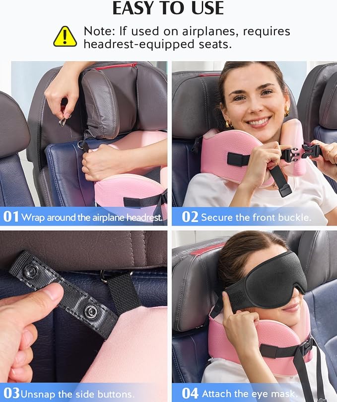 YFONG Travel Pillow for Long Flights, Patented 360° Ergonomic Sleeper Hold Head Support System with Memory Foam Neck Pillow & 3D Sleep Mask, Prevent Head Bobbing for Airplane & Road Trip, Pink