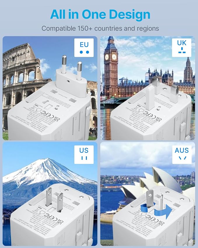 Universal Travel Adapter, VINTAR 70W GaN International Power Adapter with 5 USB Ports (3 USB-C), Worldwide Travel Plug Adaptor, All in One Travel Essentials Outlet Converter for UK/EU/USA/AUS, White