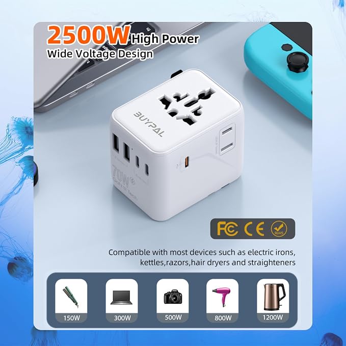 7 in 1 World International Travel Plug Adapter - Powerful GaN Tech 70W with 3X USB-C and 2 USB-A Ports Cruise Approved, Universal Travel Adapter 100V 250V A/C, EU US UK AUS Asia