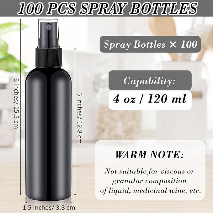 Kigley 100 Pcs Small Spray Bottle Bulk 4 oz Plastic Empty Mist Spray Bottles for Essential Oils Fine Mist Sprayer Reusable Refillable Portable Travel Containers for Perfume Cleaning Samples(Black)