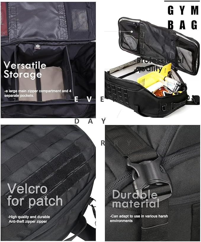 Miramrax Travel Duffle Bag Backpack for Men - Large Tactical Bags Weekender Gym Bag for Overnight Traveling Military Workout Deployment Sports (Black, 45L)