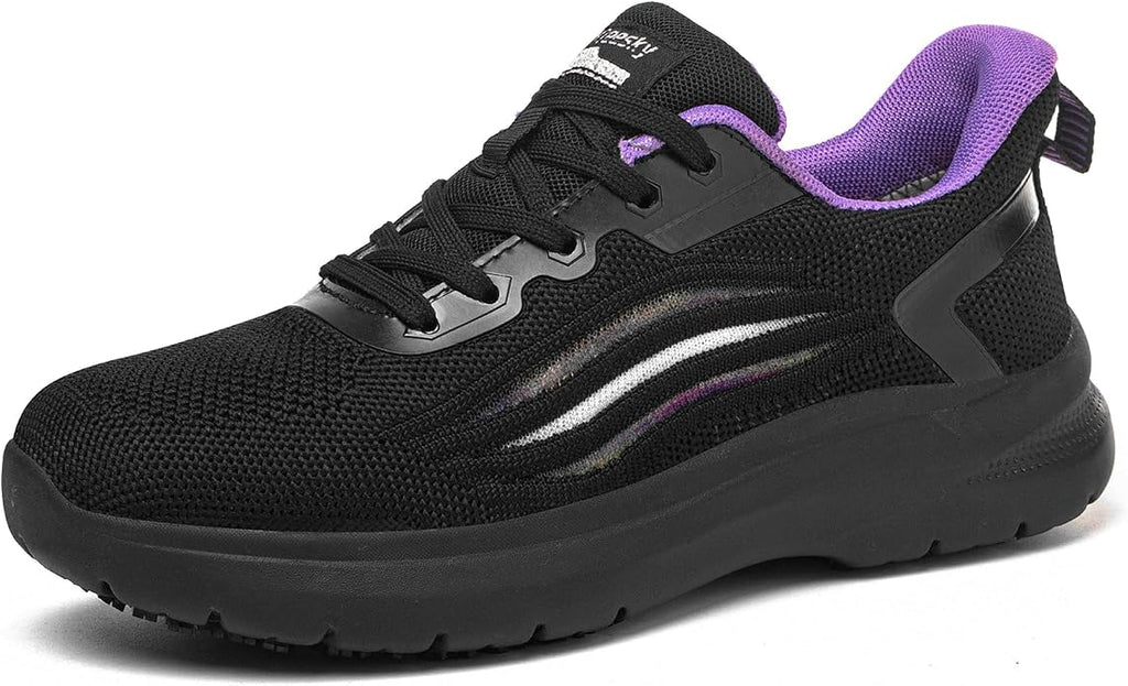 Treesky Black Non Slip Work Shoes for Women, Restaurant & Kitchen Sneakers | Slip resistant soles, lightweight cushioning, breathable knit, removable insole, for nursing, food service & long shifts