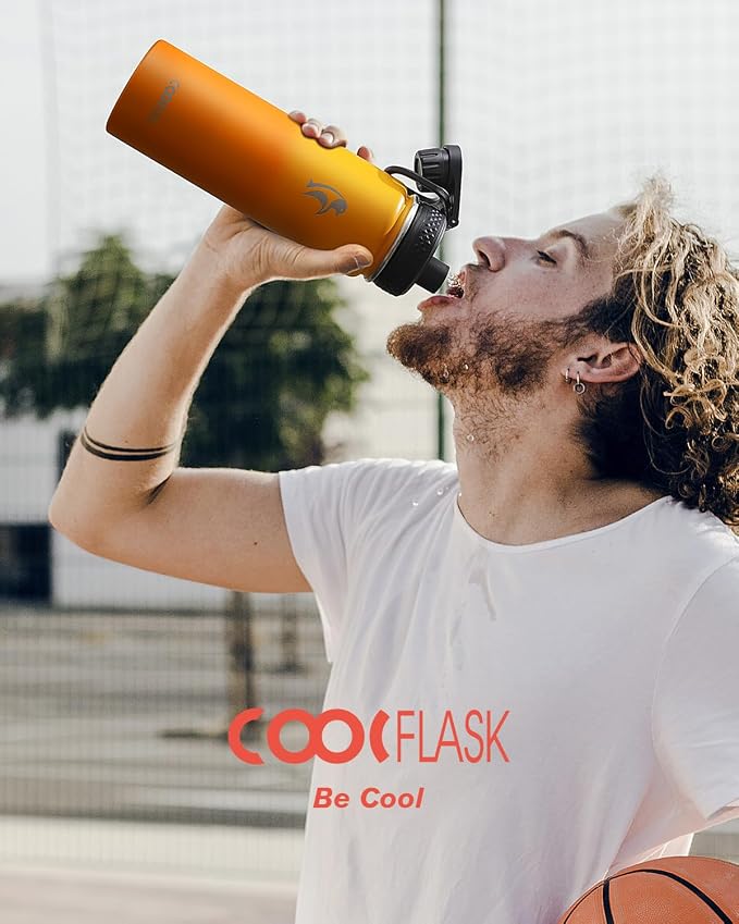 Coolflask Water Bottle 20 oz Insulated with Straw, Stainless Steel Metal 3 Lids Water Flask Wide Mouth for Sports or Office, Non-BPA Keep Cold Up to 48 Hrs or Hot Up to 24 Hrs, Ombre Yellow/Orange
