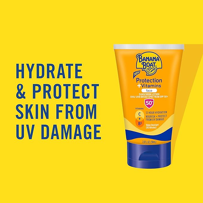 Banana Boat Protection + Vitamins Face Sunscreen Lotion SPF 50 | Travel Size Sunscreen for Face, Moisturizing with Vitamin C & Vitamin B3 Niacinamide, SPF 50 Sunblock Lotion, Fragrance Free, 2Fl Oz