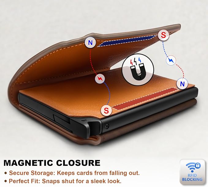 BULLIANT Men Wallet Leather Wallet Card Holders Money Clip for Men 10Cards-Magnetic Flip on Metal Case