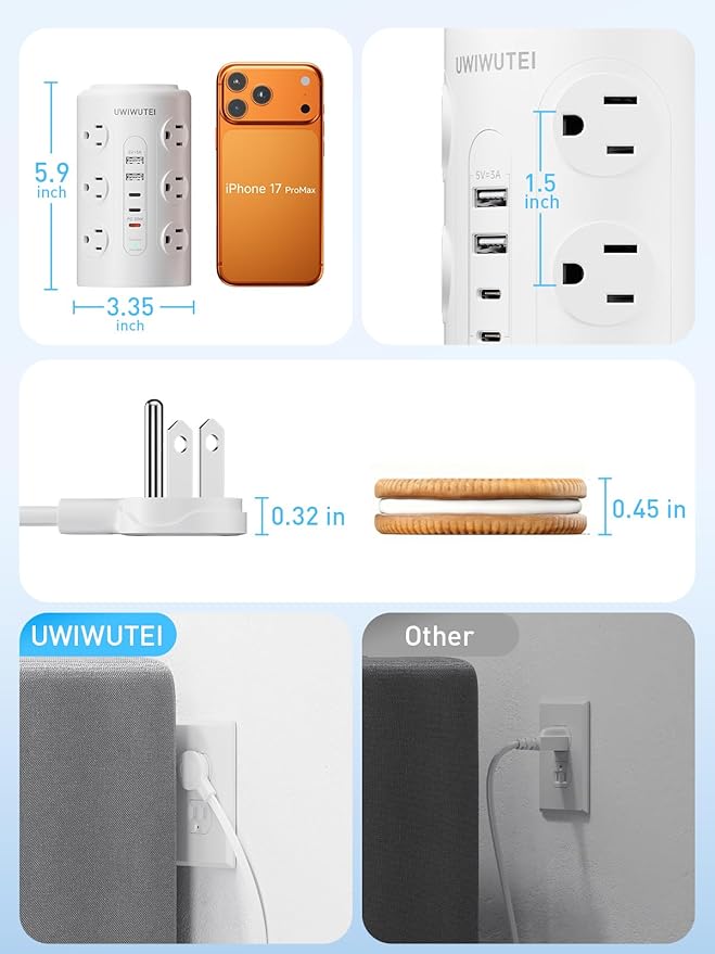 Tower Power Strip Surge Protector with Wireless Charging & Night Light - PD20W Fast Charging Station,12 Outlets, 5 USB (3 USB-C),1800J Protection, 6FT Extension Cord, Home Office Essentials(White)