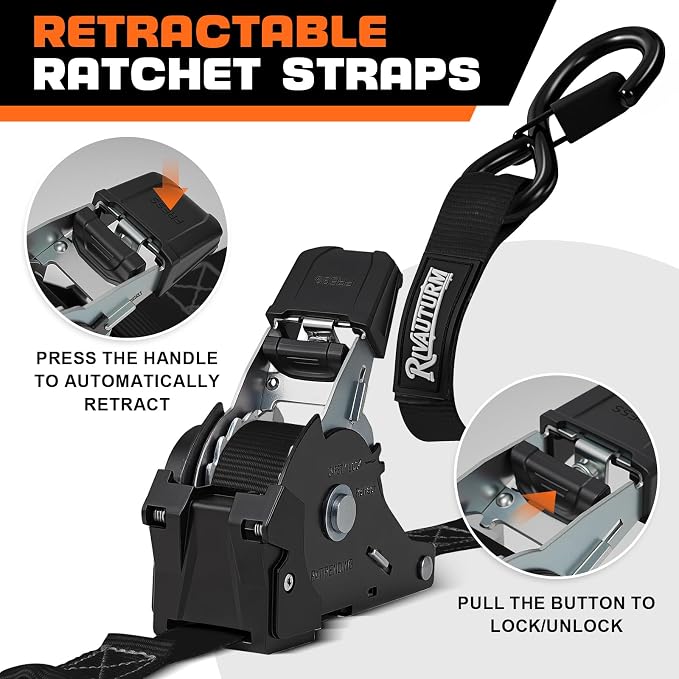 Heavy Duty Retractable Ratchet Straps 4 Pack 1 Inch x 12 Feet (1,500lb Break Strength) Auto Self Retracting Tie-Down Straps for Motorcycle, Truck, Cargo Trailer, ATV, UTV - Black