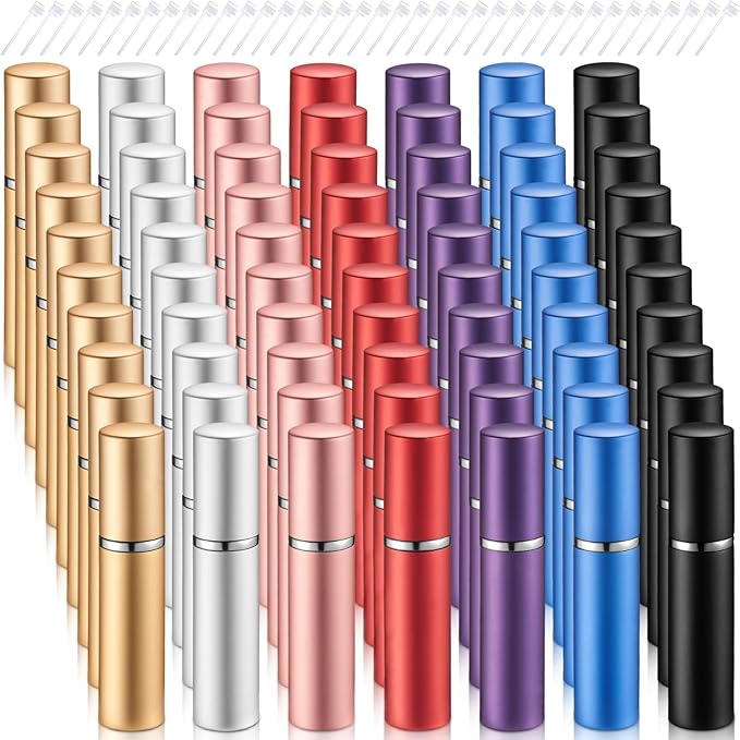 Motiskyy 70 Pcs 10 ml Refillable Perfume Atomizers Bulk - Mini Travel Cologne Sprayers with Refill Pump & Transfer Tool for Perfume Makers & Small Studios(Mixed Color)