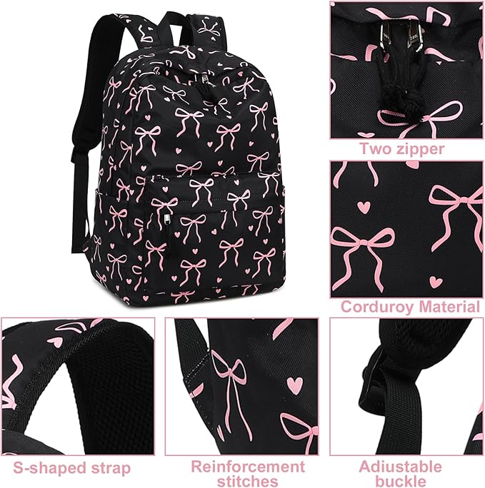 LOIDOU Backpack for Girls School Backpacks Bookbags for Elementary Middle School Women Laptop Backpacks (Bow tie Black, L-17)