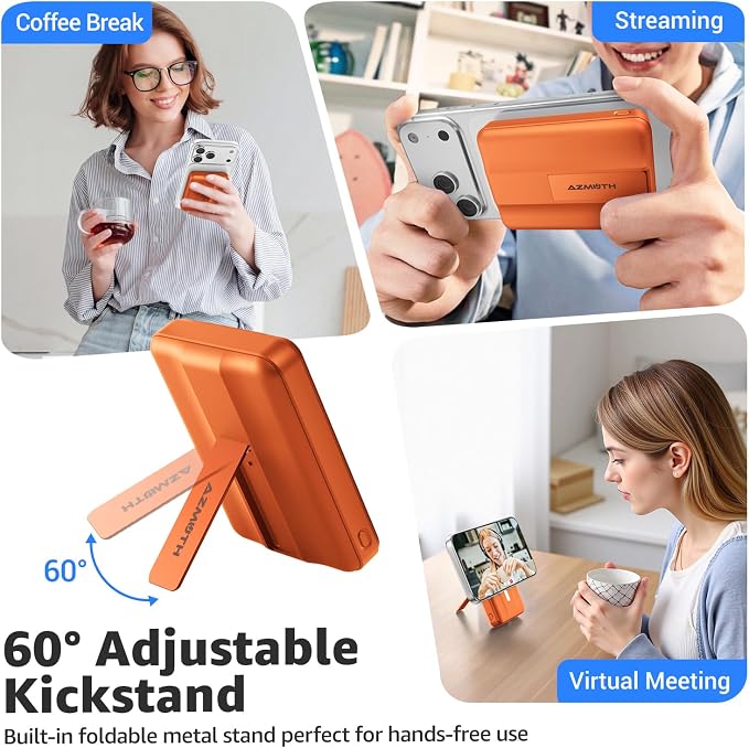 Azmuth Magnetic Power Bank,10000mAh for MagSafe Battery Pack, 22.5W PD Fast Charging,LED Display & Foldable Stand Wireless Portable Charger for iPhone 17/16/15/14/13/12/Pro/Pro Max/Plus,Orange