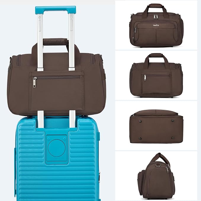 HanTrip Carry on Duffel Bag Foldable Duffle Bags for Travel, Under Seat Personal Item Bags for Airplanes, Weekender Overnight Mens Travel Tote Bag for Women Small Softside Carry on Luggage (Coffee)