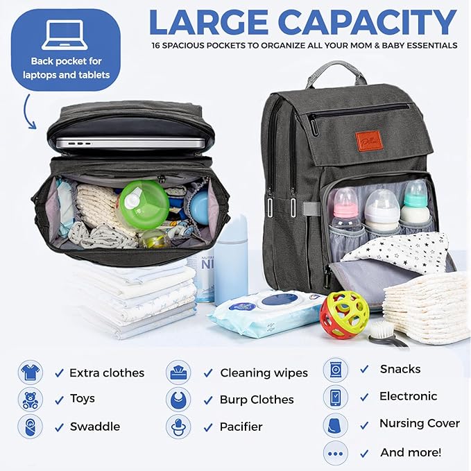 PILLANI Baby Diaper Bag Backpack - Baby Bag for Girls & Boys, Large Waterproof Toddler Diaper Backpack - Baby Shower Gifts & Registry Must Haves - Travel Diaper Bags with Changing Pad - Newborn Stuff
