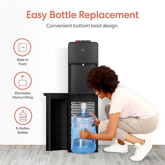 Brio 130SS Series Bottom Load Water Cooler Dispenser for 5 Gallon Bottles, Hot, Room & Cold, Great for Home or Office, Child Safety Lock, Empty Bottle Alert, Energy Star 3.0, Black & Stainless Steel