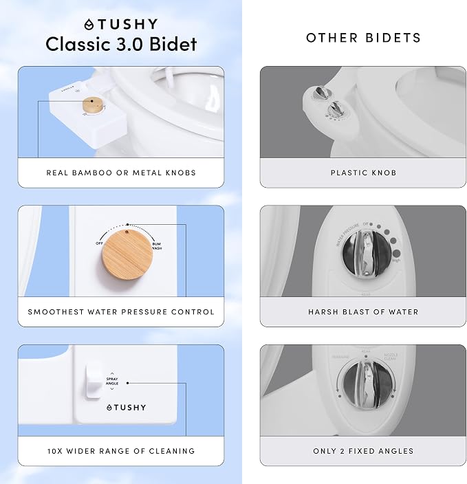 TUSHY Classic 3.0 Bidet Toilet Seat Attachment - a Non-Electric Self Cleaning Water Sprayer with Adjustable Water Pressure Nozzle, Angle Control & Easy Home Installation (Bamboo Knob)