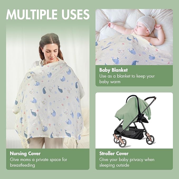 ANYEDDE 2-Pack Nursing Cover for Baby Breastfeeding - Muslin Breastfeeding Covers for Women Nursing, Breathable, Soft Arch Neckline, Green & Whale