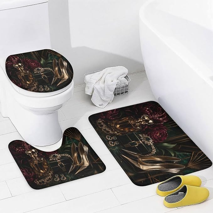 Luxury Perfume Jewelry and Heels Bathroom Rug Set 4 Piece with Shower Curtain Non Slip Bath Mat Set Microfiber Bathroom Decor Toilet Lid Cover U Shape Rug Waterproof Bathroom Accessories