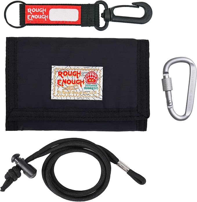 Rough Enough Kids Wallet for Boys Teens with Neck Lanyard Keychain Zipper Coin Pocket Card Holder Black Soft Nylon
