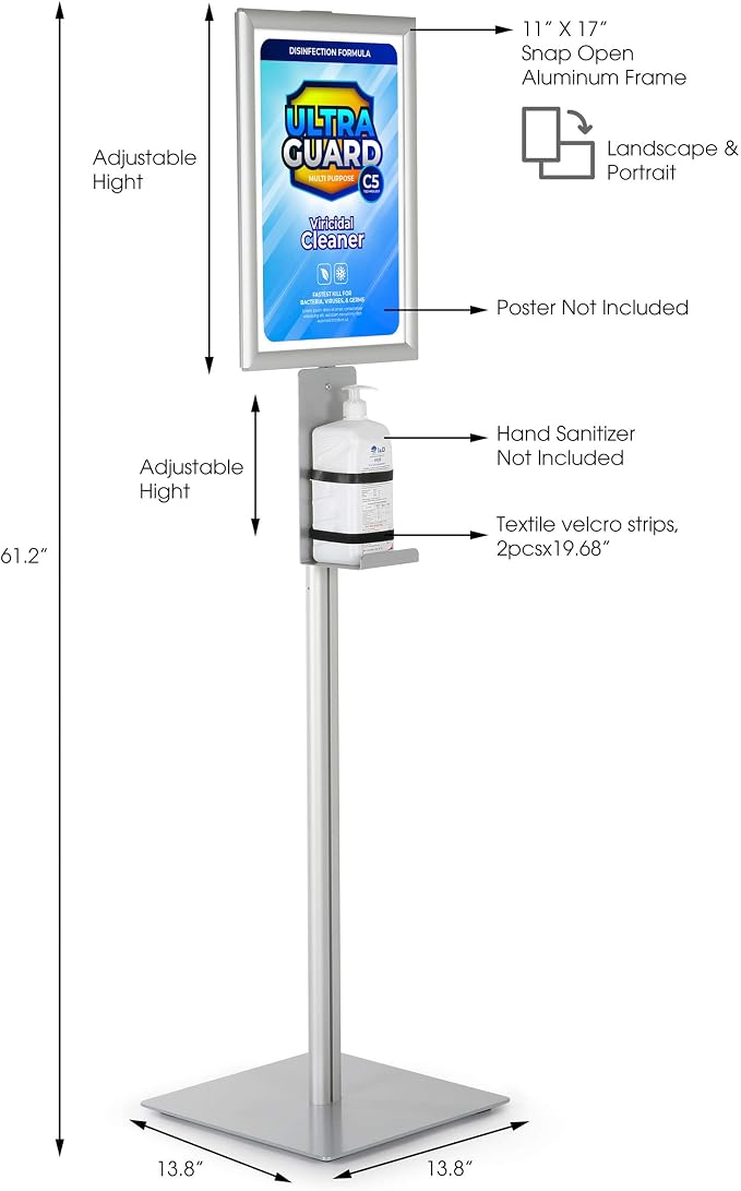 M&T Displays Floor Stand Universal Holder for Liquid/Lotion Soap or Hand Sanitizing Products, Face Mask, Disposable Glove, Facial Tissue with 11x17 Inch Opti Snap Frame Message Sign Post