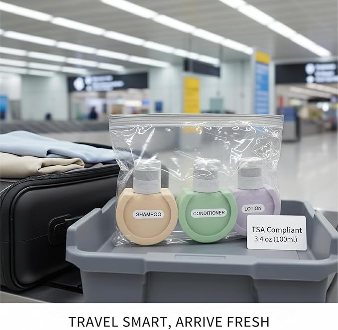 3-Pack Silicone Travel Bottles, Refillable Squeeze Containers for Toiletries, Carry-On Friendly Dispensers with Labels, Beige