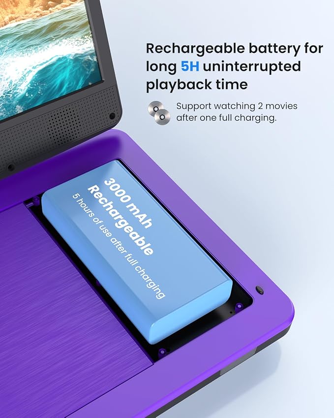 12.5-inch Portable DVD Player with 10.5-inch HD Screen, Portable Design for on-the-go Viewing.Supports 5 Hours of Battery Life.CD/DVD/SD Card/USB Compatible,Region Free (Purple)
