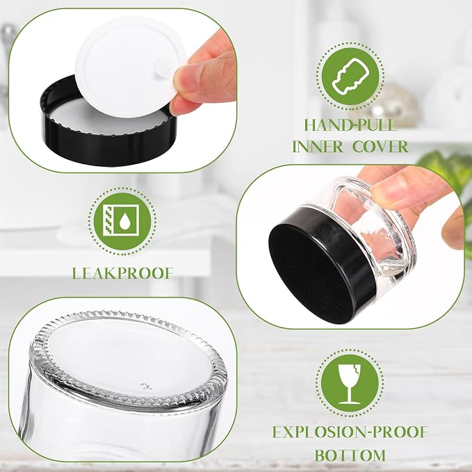 Domensi 60 Pcs 1oz Glass Jars with Lids Bulk Small Glass Salve Tins Cream Container Cosmetic Jars for Travel Balm with Inner Liners for Sample Cream (Clear,Black Lid,Plastic Lid)
