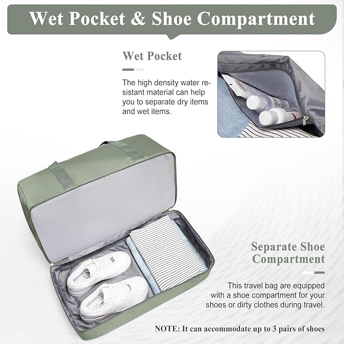 Large Travel Duffle Bag,Carry on Overnight Weekend Bag with Shoes Compartment,Weekender Bags for Women for Travel Business Trips Sport Hospital,3 Pcs Set,Olive Green